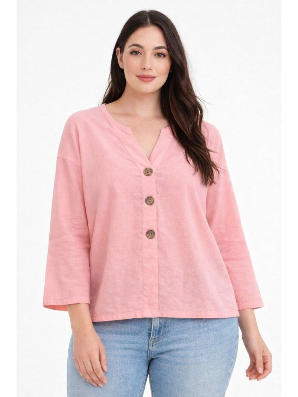 Women's 100% Linen Button Front Blouse Pink V Neck 3/4 Sleeve Relaxed Fit Large